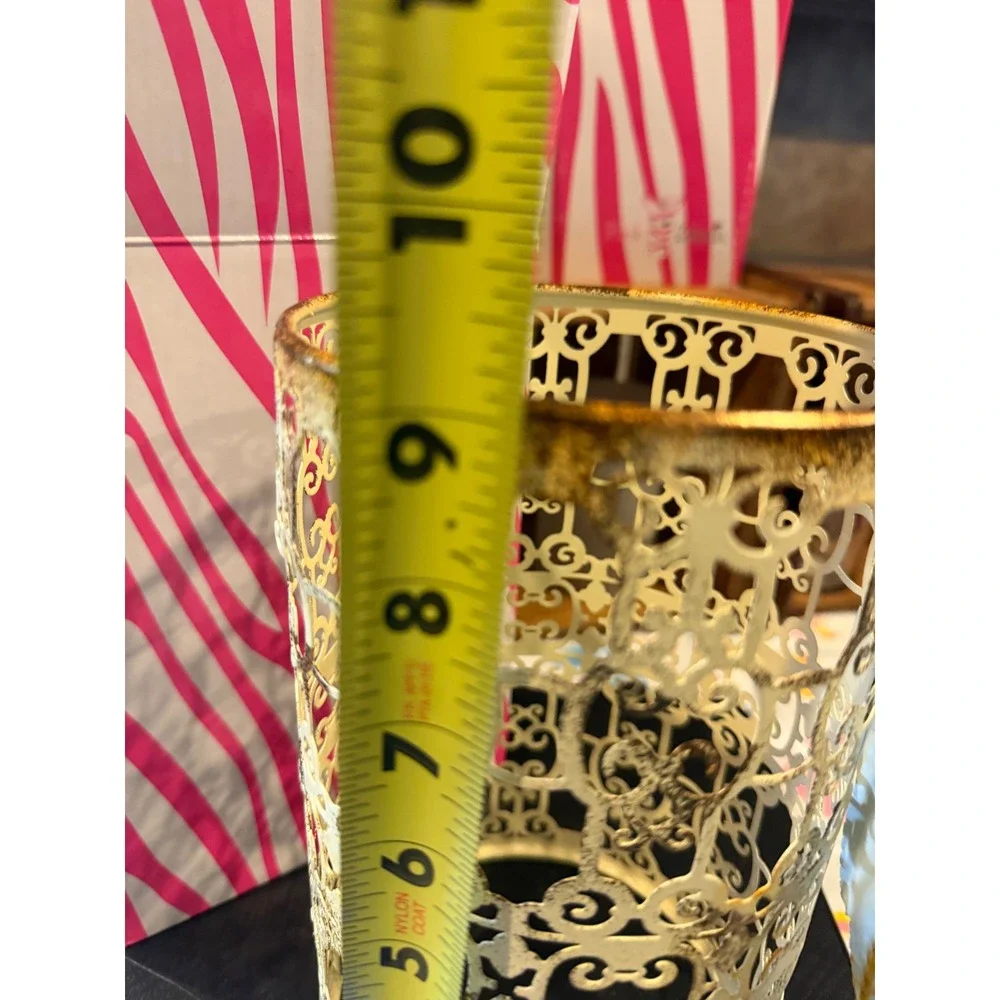 Pink Zebra Distressed Cream and Gold Angel Wing Filigree Metal Candle Sleeve